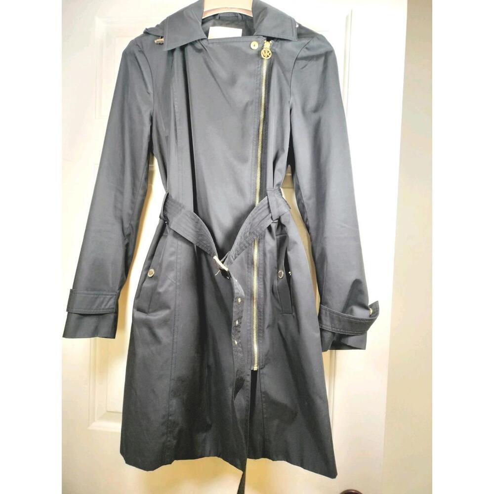Michael Kors Women’s Black Asymmetrical Zip Hooded Trench Coat Belted‎ XS